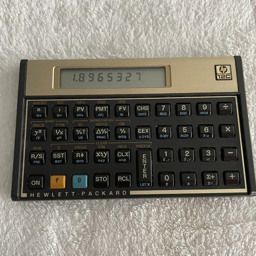 Vintage HP-12C Gold Financial Calculator w/ 1983 Manual & Leather Slipca…